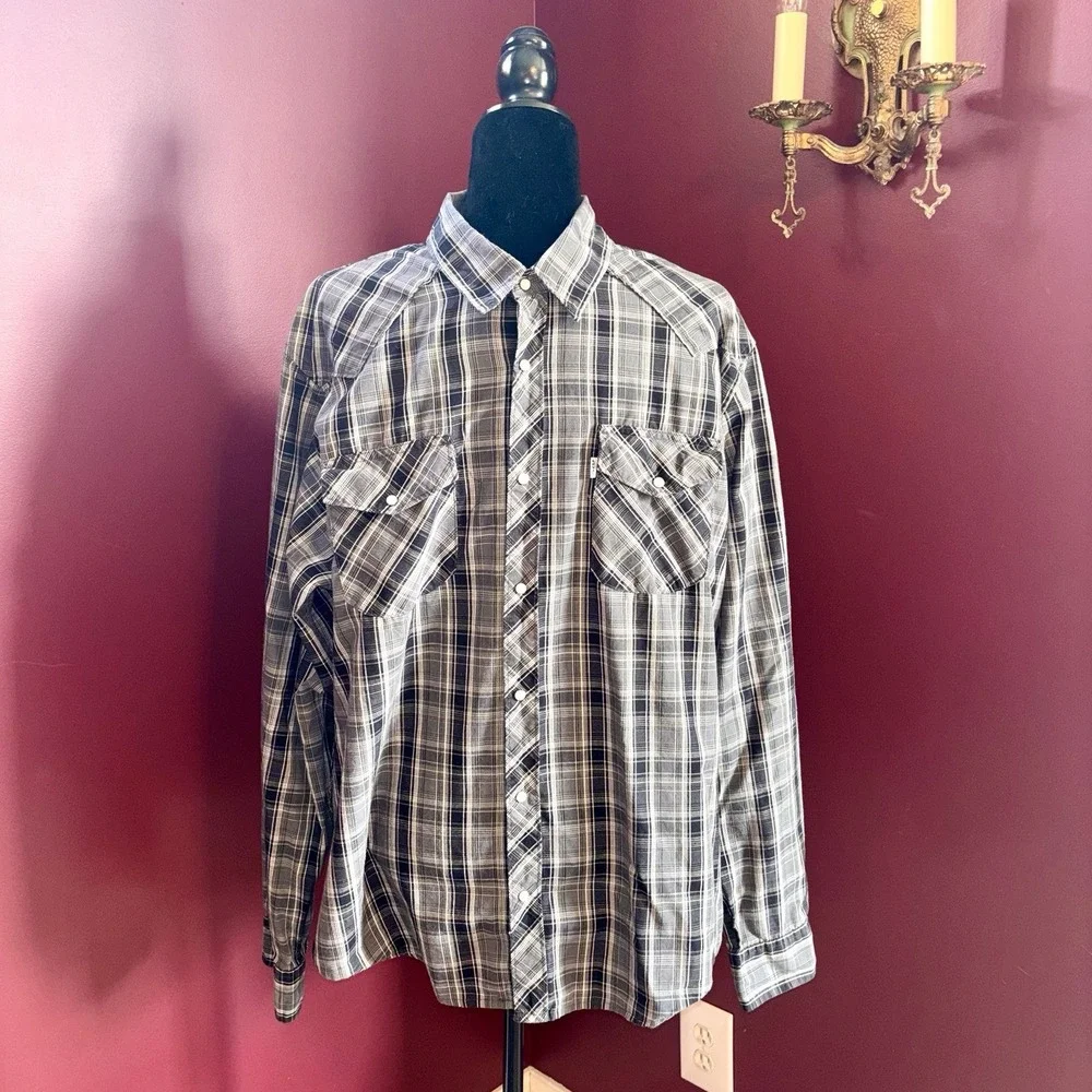 VTG 1980s 80s Levis Western Shirt Pearl Snap Plaid Long Sleeve‎ Sz XL RN117508